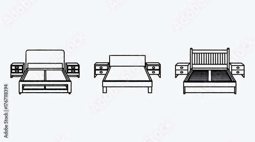 Simple Line Art Illustration of Bed and Nightstand Set Variations