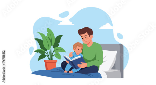 Adobe illustrator artwork vector illustration. Father reading a bedtime story to his son, a tender moment of bonding, imagination, and a peaceful evening routine