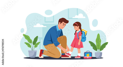 Adobe illustrator artwork vector illustration. Father tying his daughter's shoelaces, a sweet moment of parental care and preparing for school or an adventure