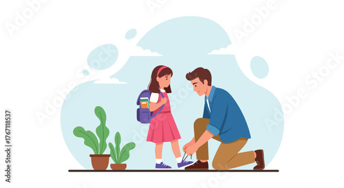 Adobe illustrator artwork vector illustration. Father tying his daughter's shoelaces, a sweet moment of parental care and preparing for school or an adventure