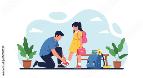 Adobe illustrator artwork vector illustration. Father tying his daughter's shoelaces, a sweet moment of parental care and preparing for school or an adventure