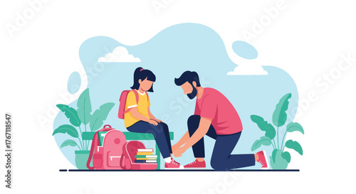 Adobe illustrator artwork vector illustration. Father tying his daughter's shoelaces, a sweet moment of parental care and preparing for school or an adventure