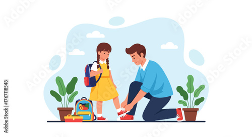 Adobe illustrator artwork vector illustration. Father tying his daughter's shoelaces, a sweet moment of parental care and preparing for school or an adventure
