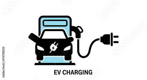 Line art icon of an electric vehicle at a charging station with a power cord and plug. Symbol for green energy and clean transportation