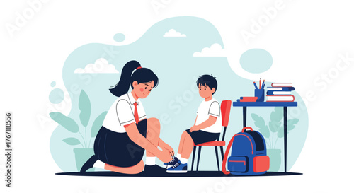 Adobe illustrator artwork vector illustration. Big sister helping her younger sister tie shoelaces, a tender scene of care, support, and school preparation