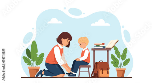 Adobe illustrator artwork vector illustration. Big sister helping her little brother tie shoelaces, a tender scene of sibling care, support, and school preparation.