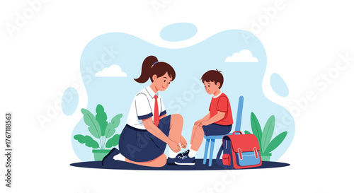 Adobe illustrator artwork vector illustration. Big sister helping her little brother tie shoelaces, a tender scene of sibling care, support, and school preparation.
