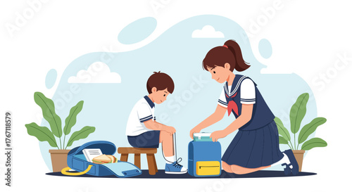 Adobe illustrator artwork vector illustration. Big sister helping her little brother tie shoelaces, a tender scene of sibling care, support, and school preparation