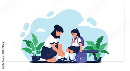 Adobe illustrator artwork vector illustration. Big sister helping her younger sister tie shoelaces, a tender scene of care, support, and school preparation