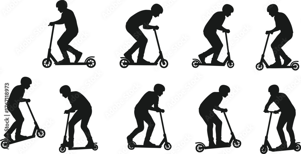 Obraz premium Silhouette men riding scooters, black scooter riders performing tricks, urban mobility illustration, electric scooter activity, modern transportation concept, white background