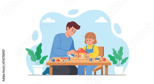 Adobe illustrator artwork vector illustration. Father and son building with wooden blocks, a heartwarming scene of creative play, learning, and bonding time