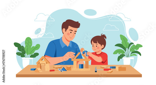 Adobe illustrator artwork vector illustration. Father and son building with wooden blocks, a heartwarming scene of creative play, learning, and bonding time