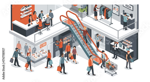 Isometric illustration of a busy shopping mall with people, escalators, and various stores