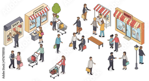 Collection of isometric storefronts and shoppers engaged in retail activities, depicting a bustling commercial street scene