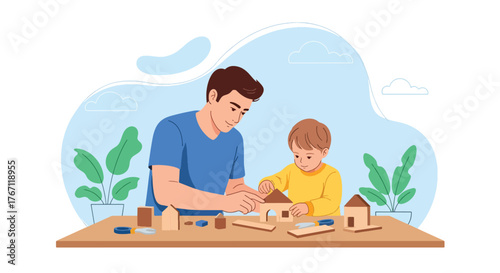 Adobe illustrator artwork vector illustration. Father and son building with wooden blocks, a heartwarming scene of creative play, learning, and bonding time