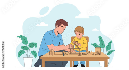 Adobe illustrator artwork vector illustration. Father and son building with wooden blocks, a heartwarming scene of creative play, learning, and bonding time