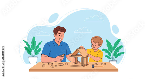 Adobe illustrator artwork vector illustration. Father and son building with wooden blocks, a heartwarming scene of creative play, learning, and bonding time