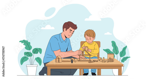 Adobe illustrator artwork vector illustration. Father and son building with wooden blocks, a heartwarming scene of creative play, learning, and bonding time