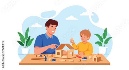 Adobe illustrator artwork vector illustration. Father and son building with wooden blocks, a heartwarming scene of creative play, learning, and bonding time