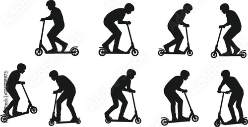 Silhouette men riding scooters, black scooter riders performing tricks, urban mobility illustration, electric scooter activity, modern transportation concept, white background