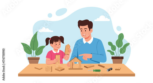 Adobe illustrator artwork vector illustration. Father and son building with wooden blocks, a heartwarming scene of creative play, learning, and bonding time