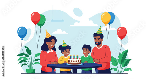 Adobe illustrator artwork vector illustration. Happy family celebrating a birthday with cake and balloons, a cheerful moment of joy and togetherness