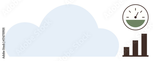 Large cloud shape accompanied by a speedometer and bar chart reflects data storage, speed, performance tracking, digital growth, analytics, business strategy, IT optimization. Simple flat metaphor