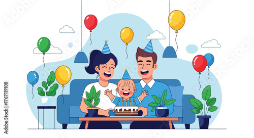 Adobe illustrator artwork vector illustration. Happy family celebrating a birthday with cake and balloons, a cheerful moment of joy and togetherness