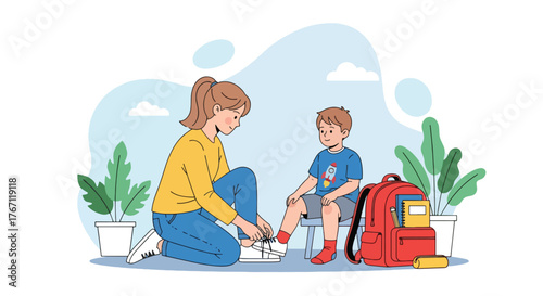 Adobe illustrator artwork vector illustration. Mother tying her son's shoelaces before school, a tender moment of care and preparation for the day ahead