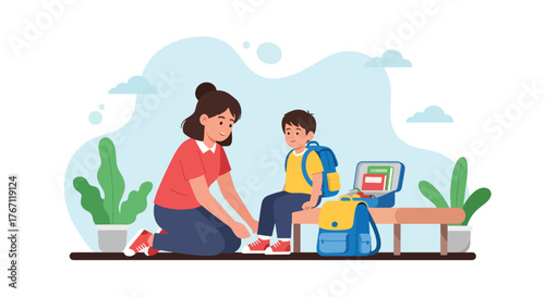 Adobe illustrator artwork vector illustration. Mother tying her son's shoelaces before school, a tender moment of care and preparation for the day ahead