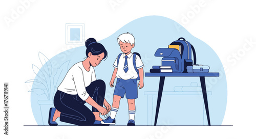 Adobe illustrator artwork vector illustration. Mother tying her son's shoelaces before school, a tender moment of care and preparation for the day ahead