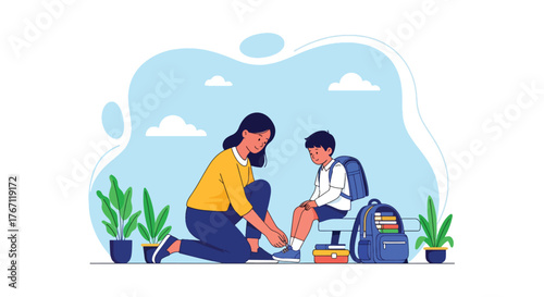 Adobe illustrator artwork vector illustration. Mother tying her son's shoelaces before school, a tender moment of care and preparation for the day ahead