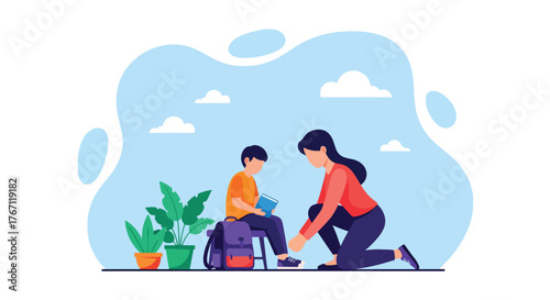 Adobe illustrator artwork vector illustration. Mother tying her son's shoelaces before school, a tender moment of care and preparation for the day ahead