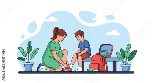 Adobe illustrator artwork vector illustration. Mother tying her son's shoelaces before school, a tender moment of care and preparation for the day ahead