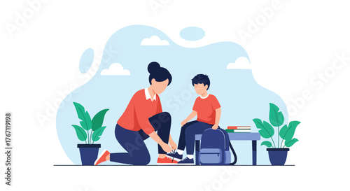 Adobe illustrator artwork vector illustration. Mother tying her son's shoelaces before school, a tender moment of care and preparation for the day ahead