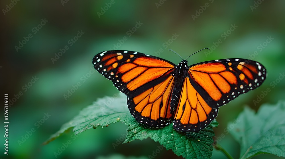 Fototapeta premium Bright orange and black winged insect rests upon a textured green leaf outdoors