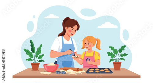 Adobe illustrator artwork vector illustration. Mother and daughter baking cookies together in the kitchen, a heartwarming scene of family fun and culinary learning