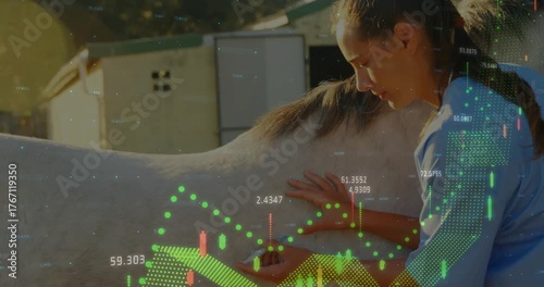 Vet palpating horse flank and activating translucent health charts pulsing to assess condition