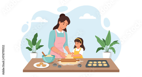 Adobe illustrator artwork vector illustration. Mother and daughter baking cookies together in the kitchen, a heartwarming scene of family fun and culinary learning