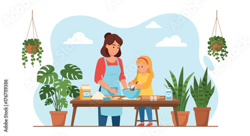 Adobe illustrator artwork vector illustration. Mother and daughter baking cookies together in the kitchen, a heartwarming scene of family fun and culinary learning