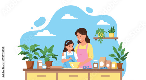 Adobe illustrator artwork vector illustration. Mother and daughter baking cookies together in the kitchen, a heartwarming scene of family fun and culinary learning