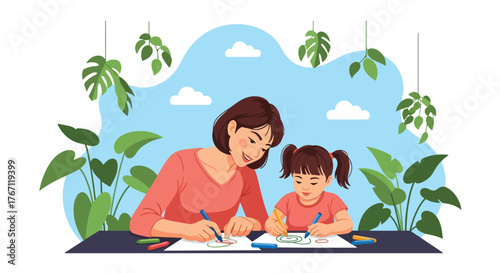 Adobe illustrator artwork vector illustration. Mother and daughter happily drawing together, fostering creativity and bonding. Ideal for family, education, and childhood themes