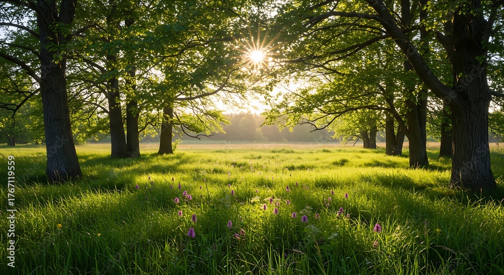 Obraz premium Sunlit Meadow - A Serene Landscape with Trees and Lush Green Grass.