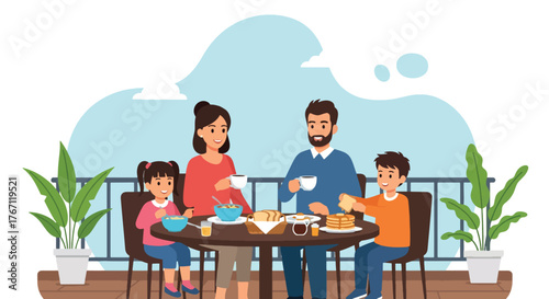 Adobe illustrator artwork vector illustration. Happy family enjoying breakfast together on a cozy balcony, perfect for lifestyle and parenthood themes