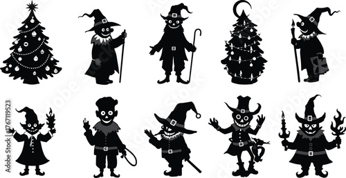 Spooky Halloween witch characters and Christmas tree silhouettes, creepy wizards, festive horror costume design, dark gothic fantasy vector illustration