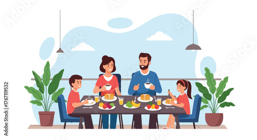 Adobe illustrator artwork vector illustration. Happy family enjoying breakfast together on a cozy balcony, perfect for lifestyle and parenthood themes