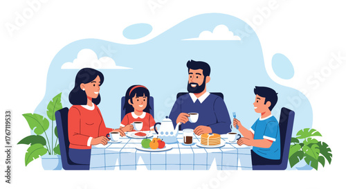 Adobe illustrator artwork vector illustration. Happy family enjoying breakfast together on a cozy balcony, perfect for lifestyle and parenthood themes