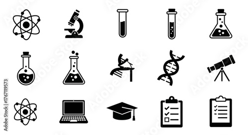Science and Education Icons Set Atom, Microscope, Beaker, Laptop, and More in Black