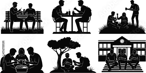 Students eating lunch outdoors, friends dining together, picnic meal in park, sitting at table, sharing food, black white vector illustration