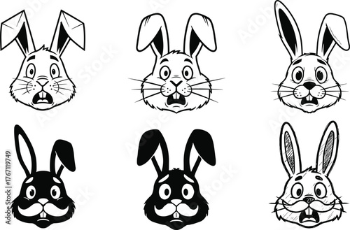 Surprised rabbit icons, cartoon bunny faces, shocked expressions, black silhouette, abstract style, vector illustration, animal emotions, cute design, character art